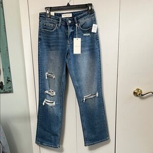 Distressed Blue Straight Leg Jeans